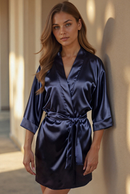 Vivisence Women's Satin Robe with 3/4 Sleeves Tie Waist Short Kimono Style Elegant Polyester Nightwear, dark blue