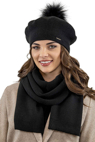 Vivisence Elegant Women's Winter Set Including Beret With Pompom And Matching Scarf Made Of Warm Fabric Perfect For Cold Winter And Autumn Days, black