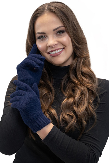 Vivisence Stylish Classic Five-Finger Women's Winter Gloves Made Of Warm And Soft Yarn With Wide Ribbed Cuff Perfect For Cold Winter Days Providing Comfort And Warmth, Navy Blue