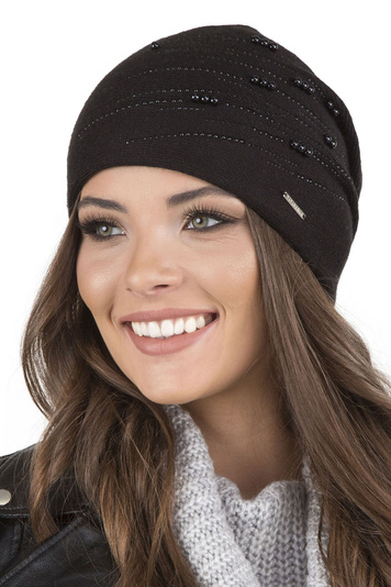 Vivisence Winter Women's Beanie With Thick Warm Fabric Shiny Pearls And Beads Pleated Back For Ladies Fleece Lining Ideal For Winter And Everyday Wear, Black