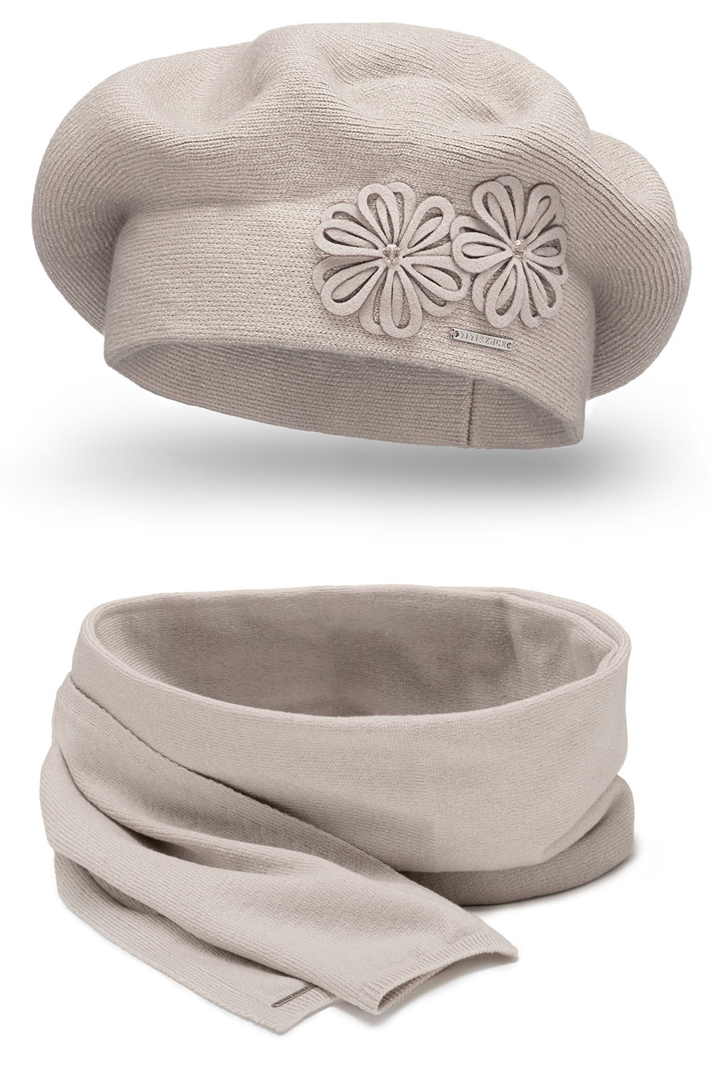 Vivisence Damen Baskenmütze Schal Set Wolle Blumenapplikation Warm Elegant 7007, beige