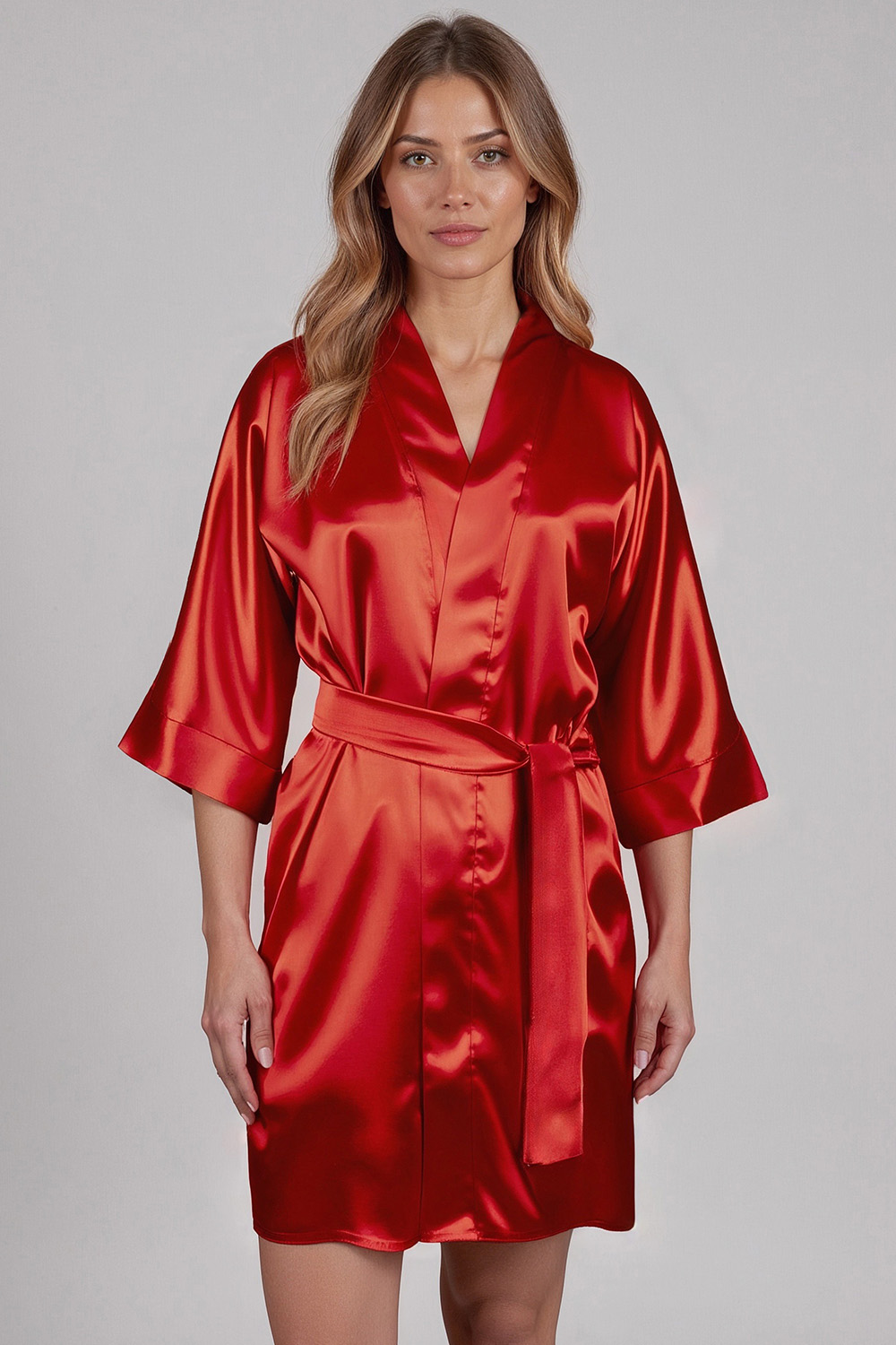 Vivisence Women's Satin Robe with 3/4 Sleeves Tie Waist Short Kimono Style Elegant Polyester Nightwear, 