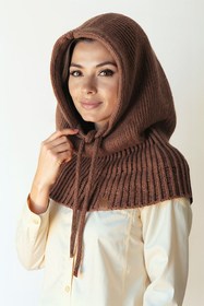 Vivisence Women Winter Hood Merino Wool Knitted Drawstring Fit Cozy Warmth, Brown