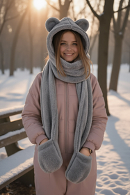 Vivisence Femme Capuche Écharpe Hiver Avec Moufles Oreilles Mignon Douillet, gris clair