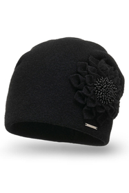 Vivisence Damen Mütze Wolle Blumenapplikation Falten Antistatisch Elegant 7052, schwarz