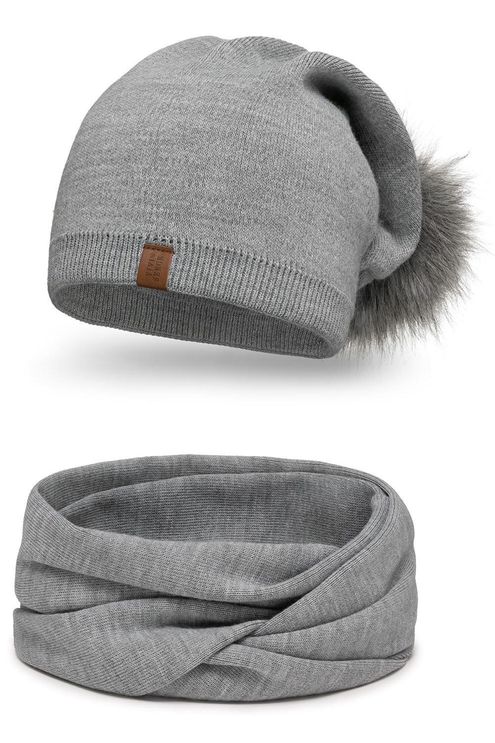 Vivisence Modisches Damen-Set aus Mütze Mit Umweltfreundlichem Pompon und Doppelt Gefaltetem Strickstoff Sowie Passendem Loop-Schal Ideal für Kalte Wintertage, Schwarz