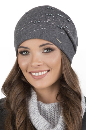 Vivisence Winter Women's Beanie With Thick Warm Fabric Shiny Pearls And Beads Pleated Back For Ladies Fleece Lining Ideal For Winter And Everyday Wear, dark grey