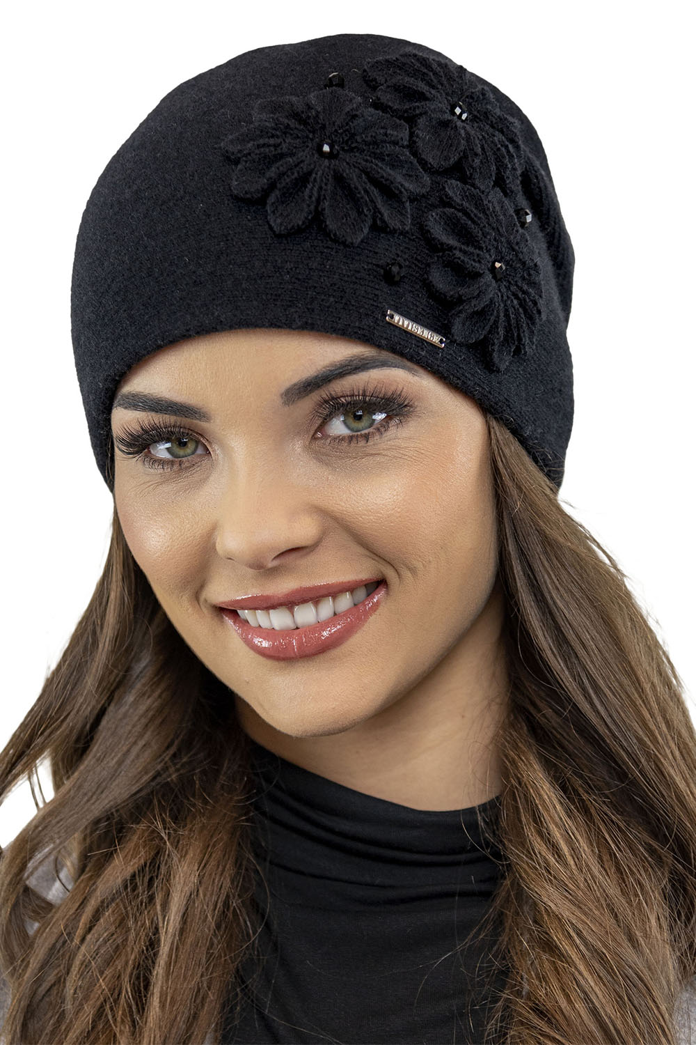 Vivisence Women's Winter Hat Wool With Floral Applique Warm Antistatic 7053, black