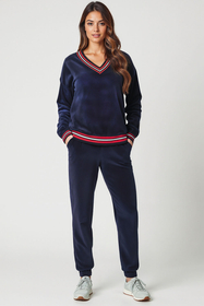 Vivisence Women Tracksuit Velour Set Ribbed Cuffs Comfortable Loungewear 9201, dark blue