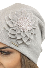 Vivisence Damen Mütze Wolle Blumenapplikation Falten Antistatisch Elegant 7052, hellgrau