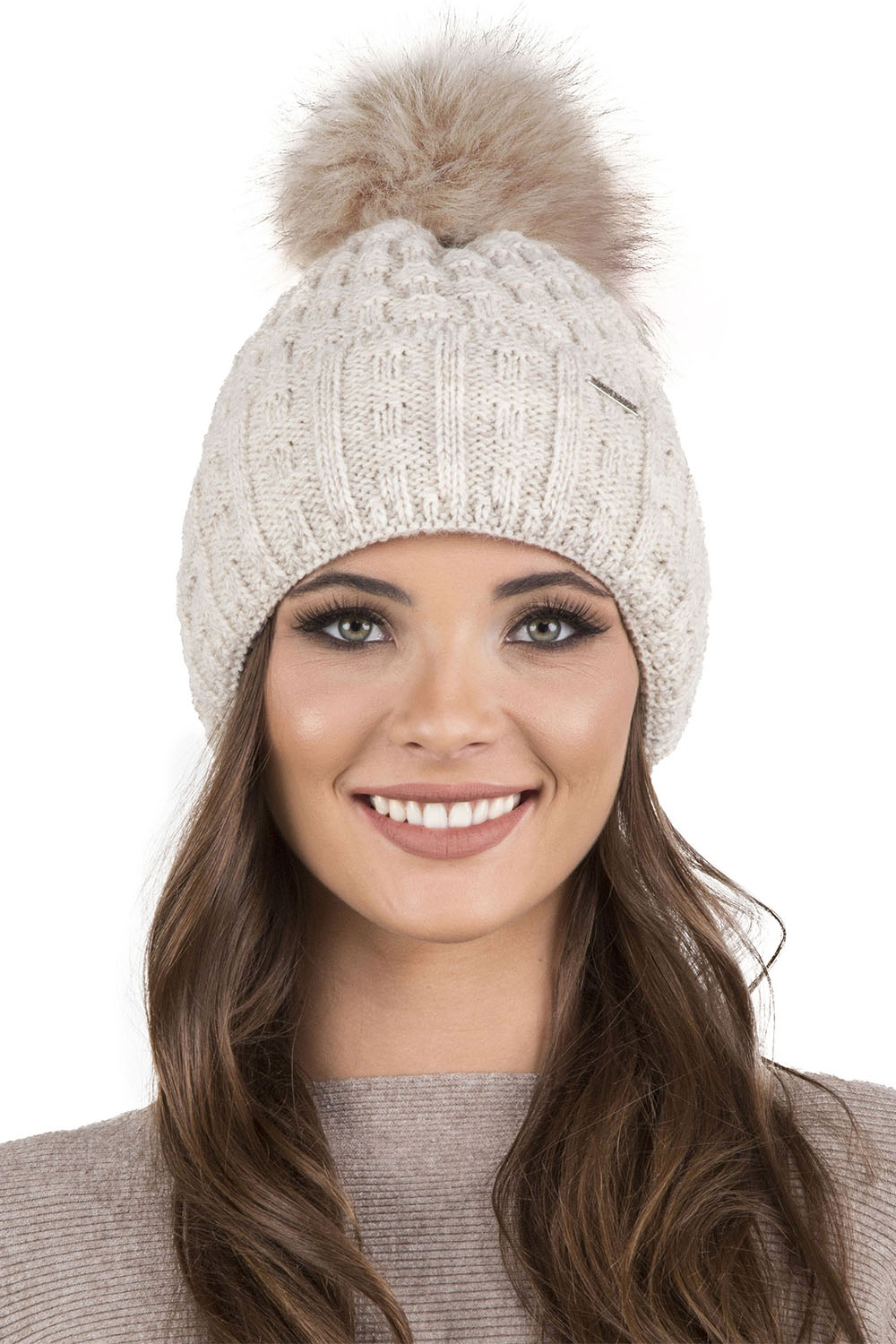 Vivisence Pom Pom Hat For Women Fleece Lined Knitted Winter Style 7015, beige