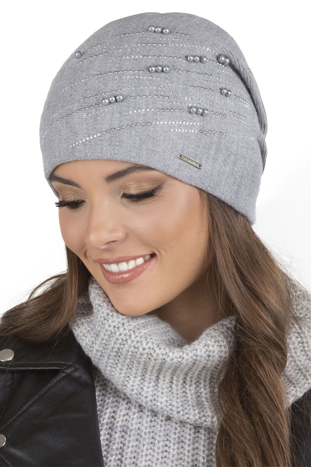 Vivisence Damen Mütze Strick Warm Fleece Zirkonia Perlen Elegant Winter 7012, hellgrau