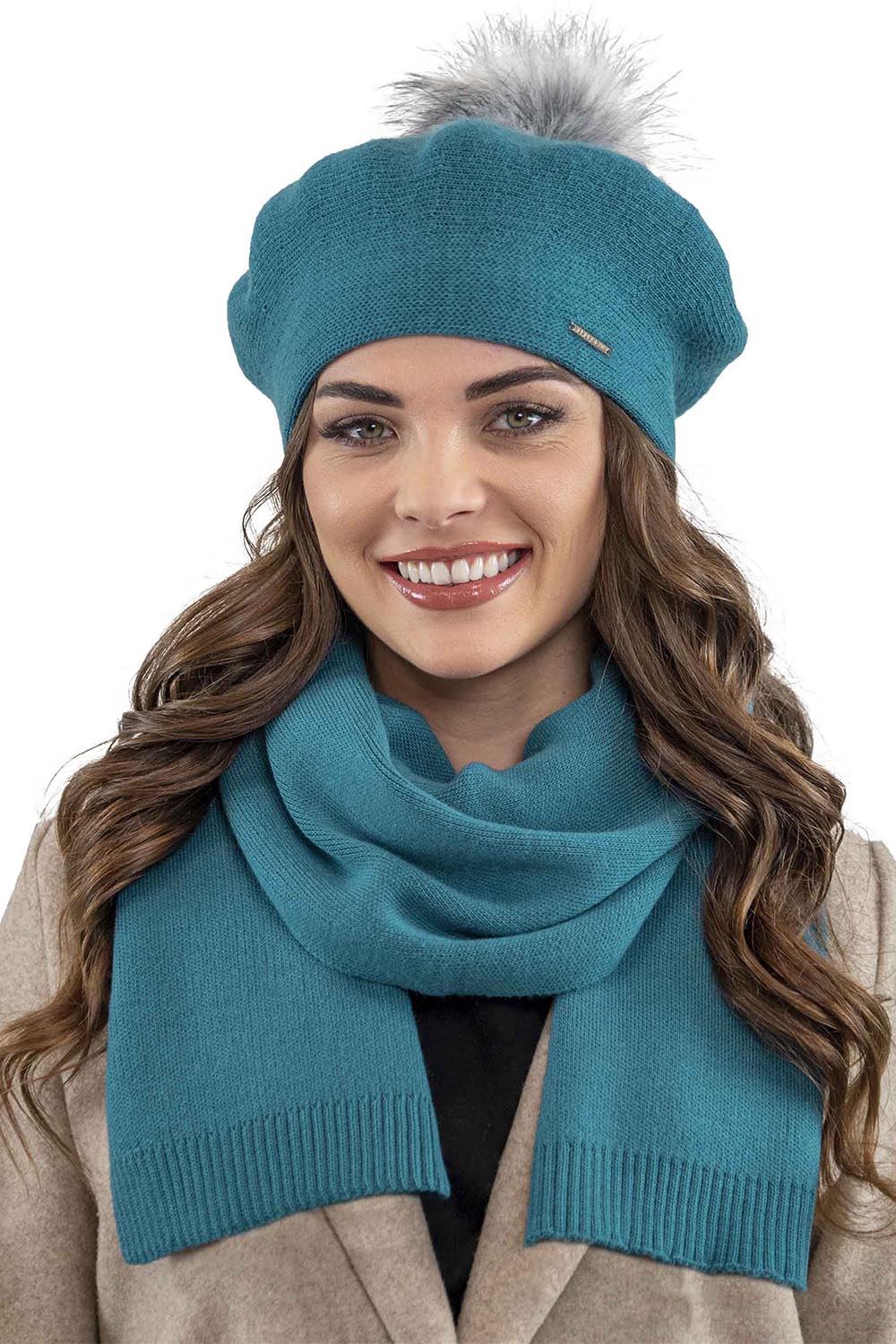 Vivisence Women Beret Wool Blend Faux Fur Pompom Elegant Warm Winter Hat 7035, turquoise