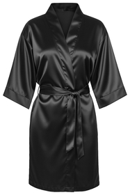 Vivisence Women's Satin Robe with 3/4 Sleeves Tie Waist Short Kimono Style Elegant Polyester Nightwear, Black