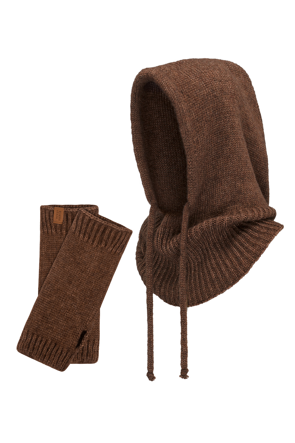 Vivisence Women Winter Hood And Gloves Set Merino Wool Knit Warm And Cozy, Brown