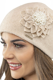 Vivisence Women's Wool Hat With Floral Pleats Antistatic Elegant 7052, beige