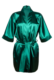 Vivisence Women's Satin Robe with 3/4 Sleeves Tie Waist Short Kimono Style Elegant Polyester Nightwear, Green