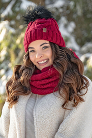 Vivisence Damen Winter Set Bommelmütze Loop Schal Handschuhe Warm Elegant, weinrot