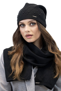 Vivisence Bonnet Et Écharpe Pour L'Hiver Femme Ensemble À La Mode Ajusté Classique Décoratif Avec Perles Tissage Et Laine Chaud Élégant Plaque Logo Confort Optimal 7002Kmpl, noir