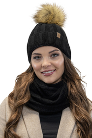 Vivisence Bonnet À Pompon Femme Doublé En Polaire Avec Pompon En Fausse Fourrure 7019, noir