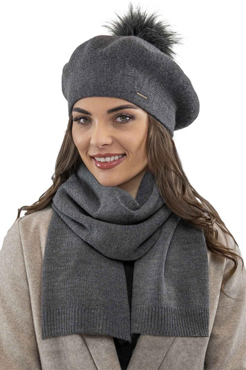 Vivisence Elegant Women's Winter Set Including Beret With Pompom And Matching Scarf Made Of Warm Fabric Perfect For Cold Winter And Autumn Days, Dark Grey