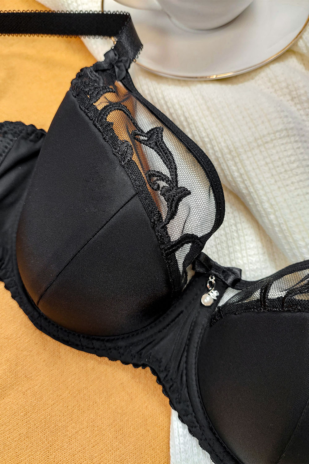Vivisence Women's Demi Padded Bra Embroidered Mesh Microfibre Underwired Side Boning Adjustable Straps, black