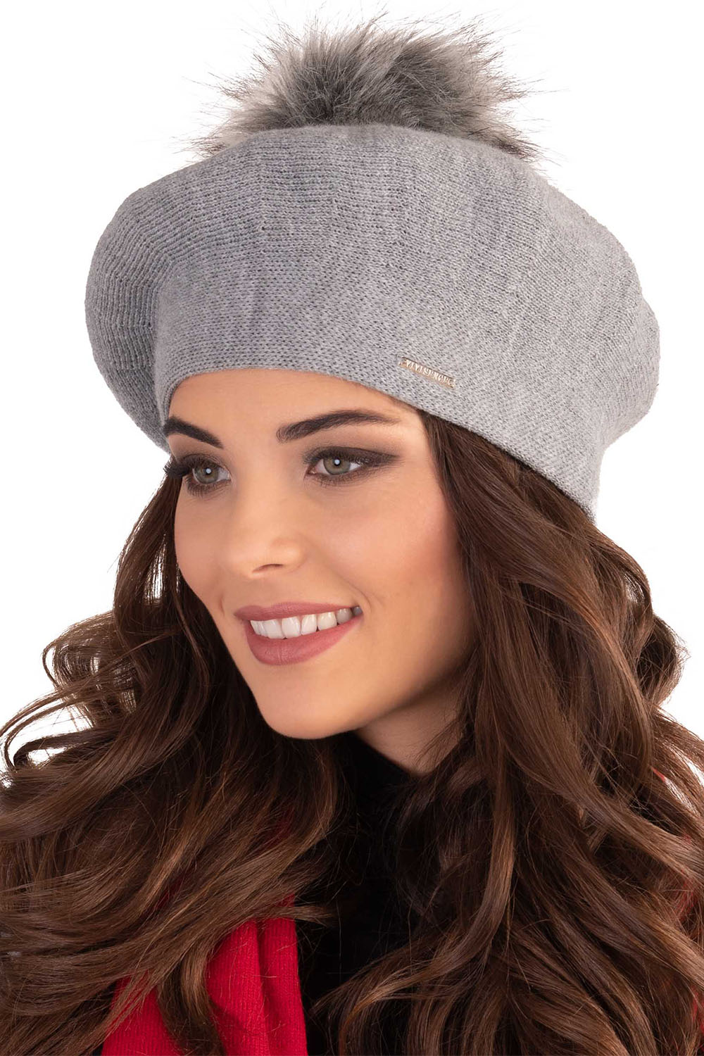 Vivisence Women Beret Wool Blend Faux Fur Pompom Elegant Warm Winter Hat 7035, grey