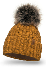 Vivisence Damen Mütze Bommel Warm Fleece Gefüttert Strick Winterstyle 7015, dunkelgelb