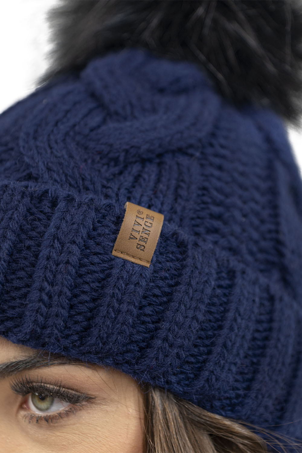 Vivisence Winter Hat With Pom Pom For Women Warm Ideal For Cold Days 7014, dark blue