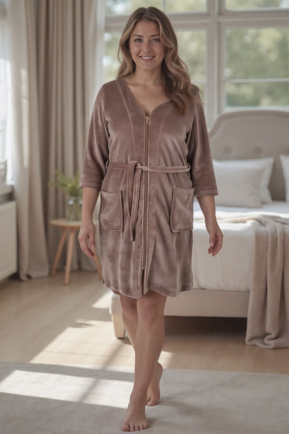 Vivisence Femme Robe de Chambre Coton Fermeture Éclair Confort à la Maison 5011, beige