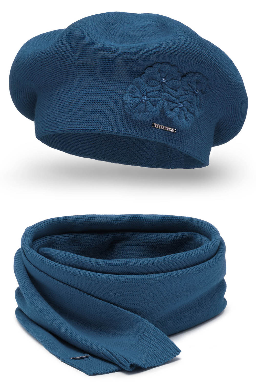 Vivisence Damen Mütze mit Schal Mit Blume Applikation Wärme An Wintertagen 7006, blau