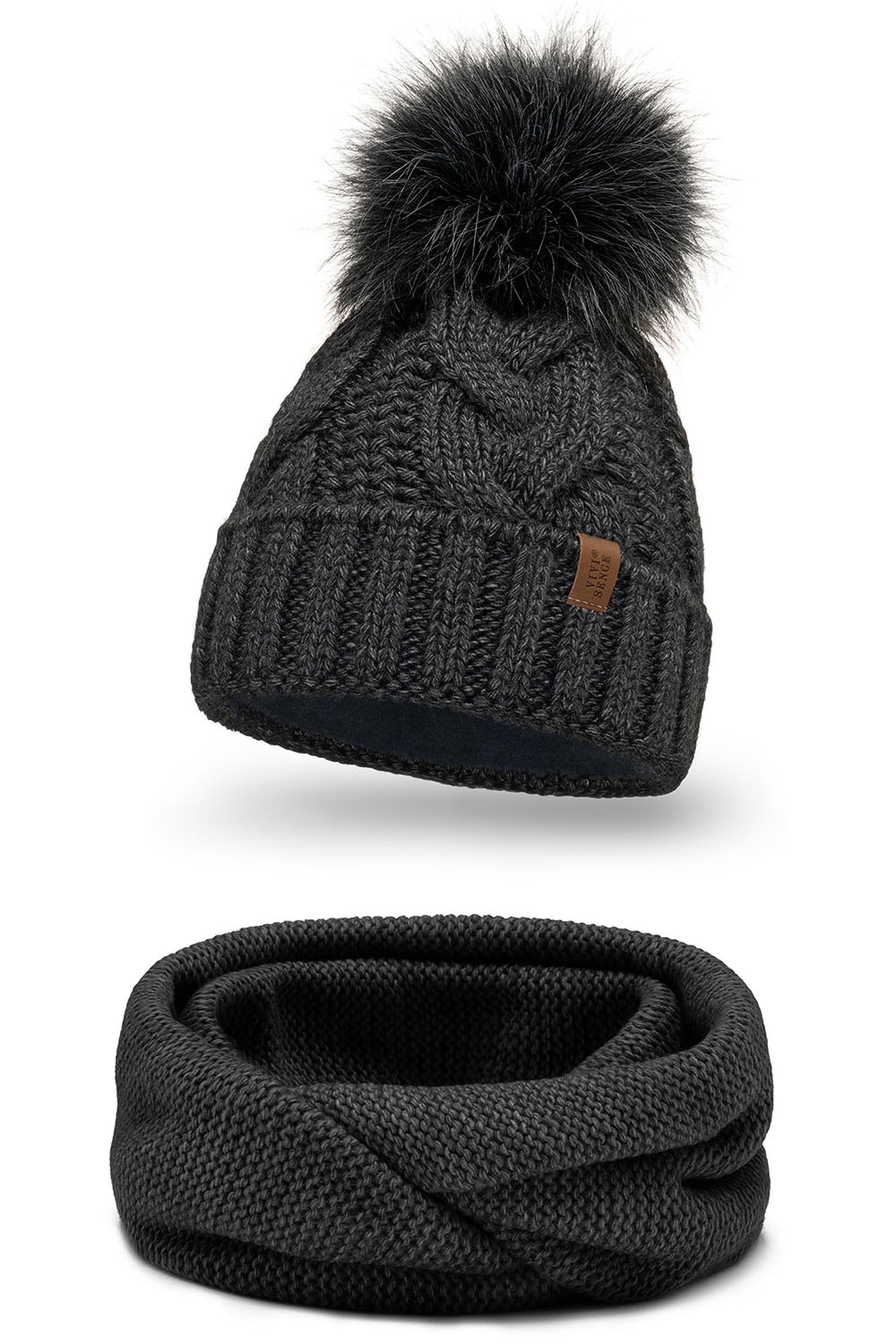 Vivisence Damen Bommelmütze Und Loop-Schal Mit Bommel Ideal Für Wintertage 7014, dunkelgrau