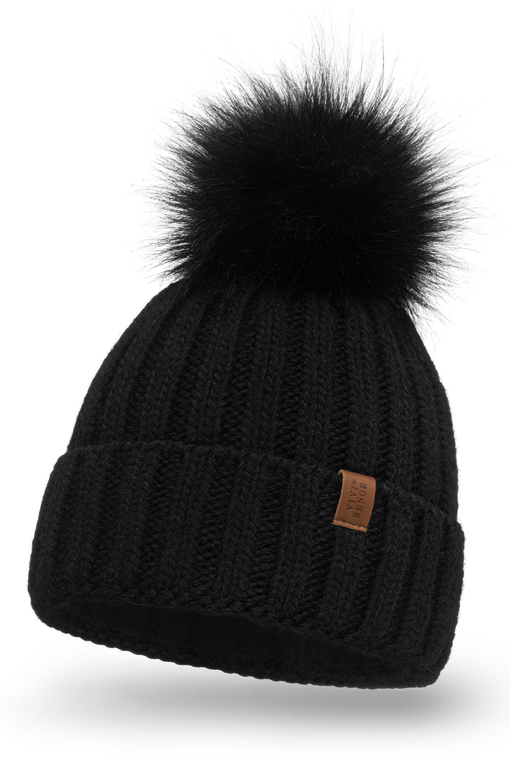 Vivisence Pom Pom Hat For Women Fleece Lined Perfect Fit Winter 70100, Black
