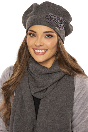 Vivisence Elegant Women's Winter Set Beret And Scarf With Classic Design And Floral Decoration Made Of Warm And Soft Fabric With Wool Blend Ideal For Cold Winter Days, Dark Grey