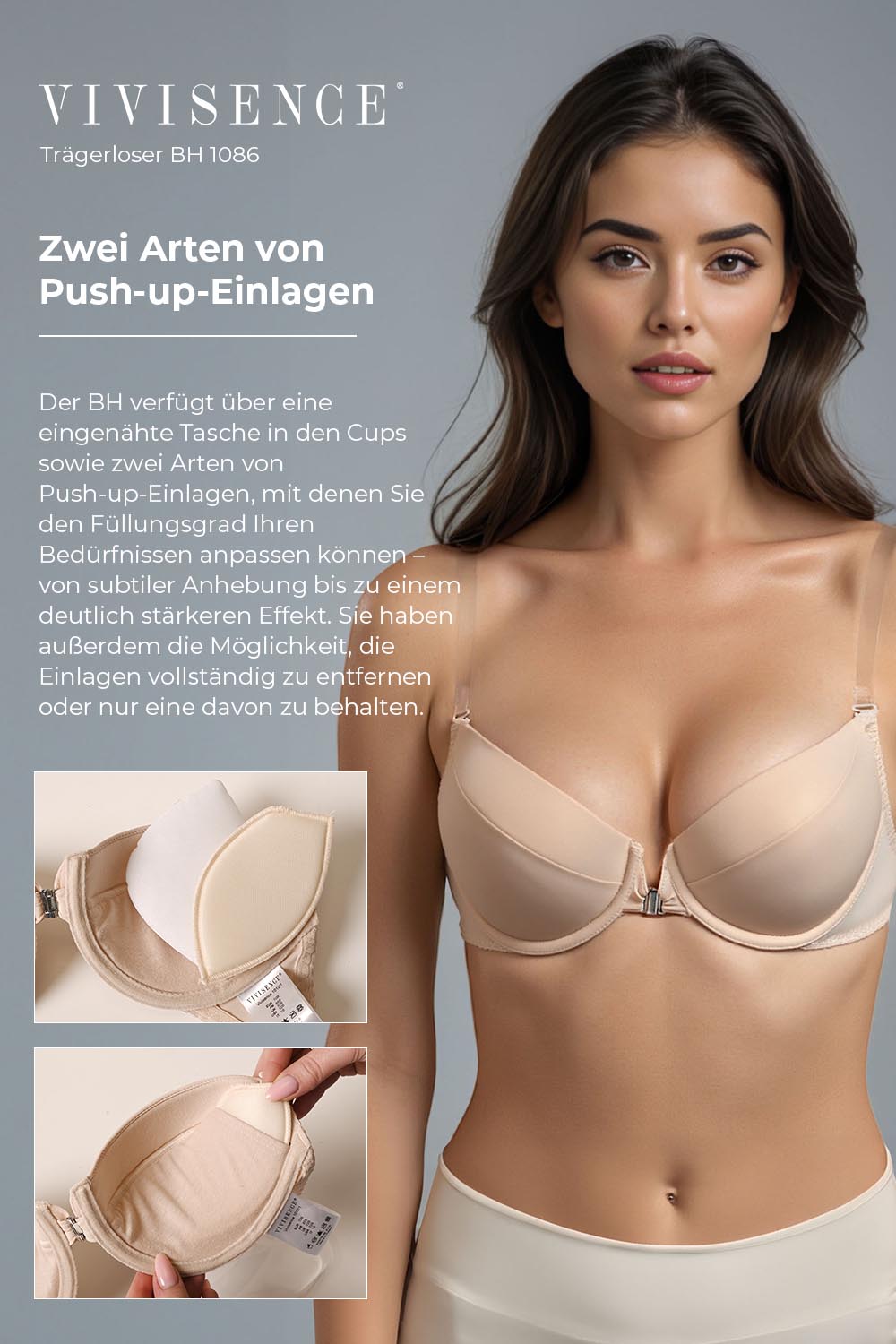 Vivisence Push Up BH Metallverschluss Perfekt Für Rückenfreie Kleider 1086, Beige