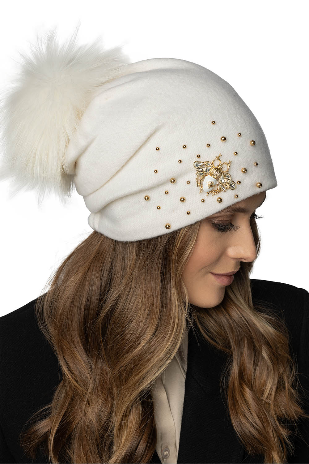 Vivisence Women's Pom Pom Hat Wool Handcrafted Virgin Wool 7079, ecru