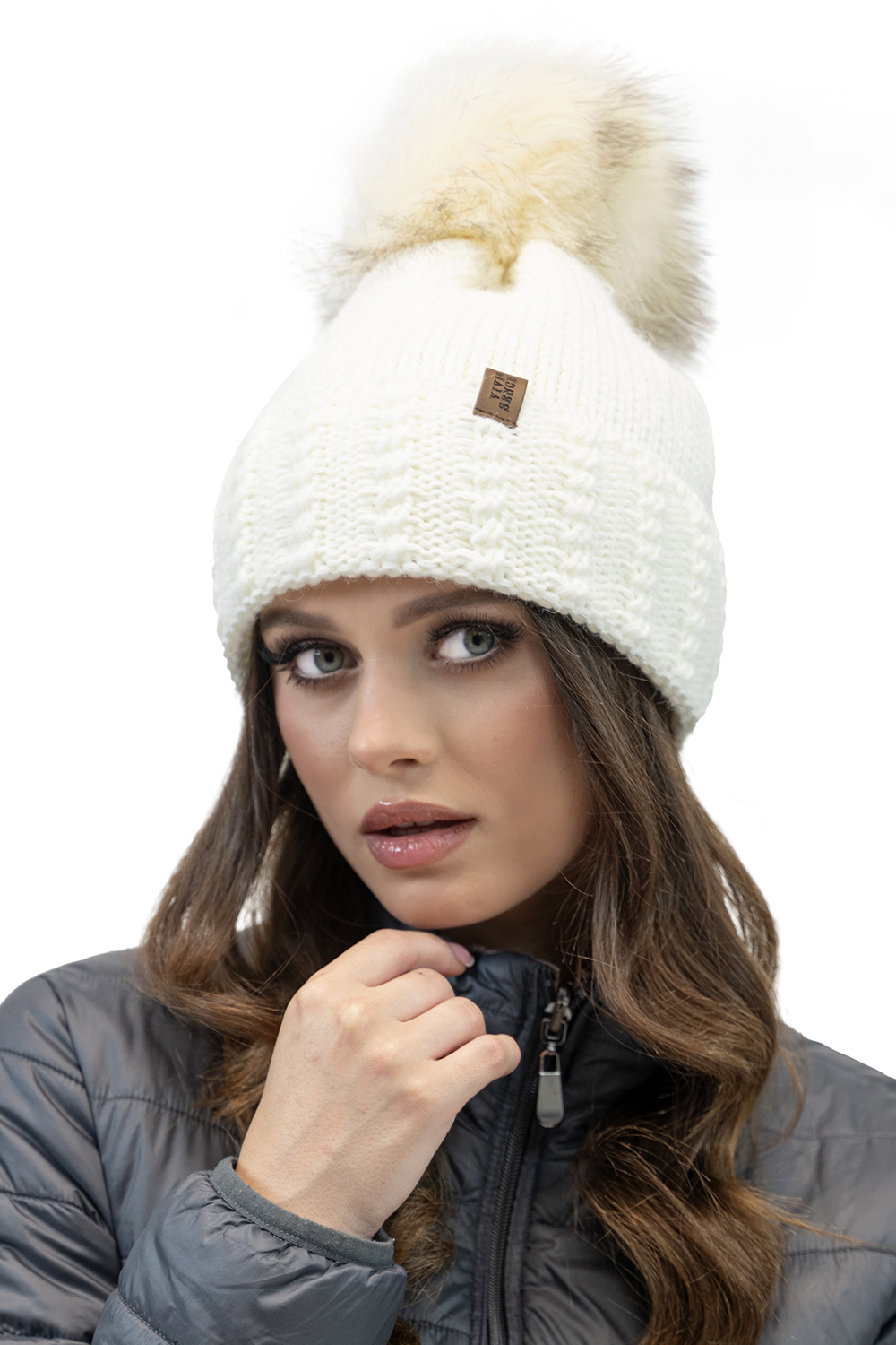 Vivisence Women's Pom Pom Hat Fleece Lined Perfect Fit Extra Warm, ecru