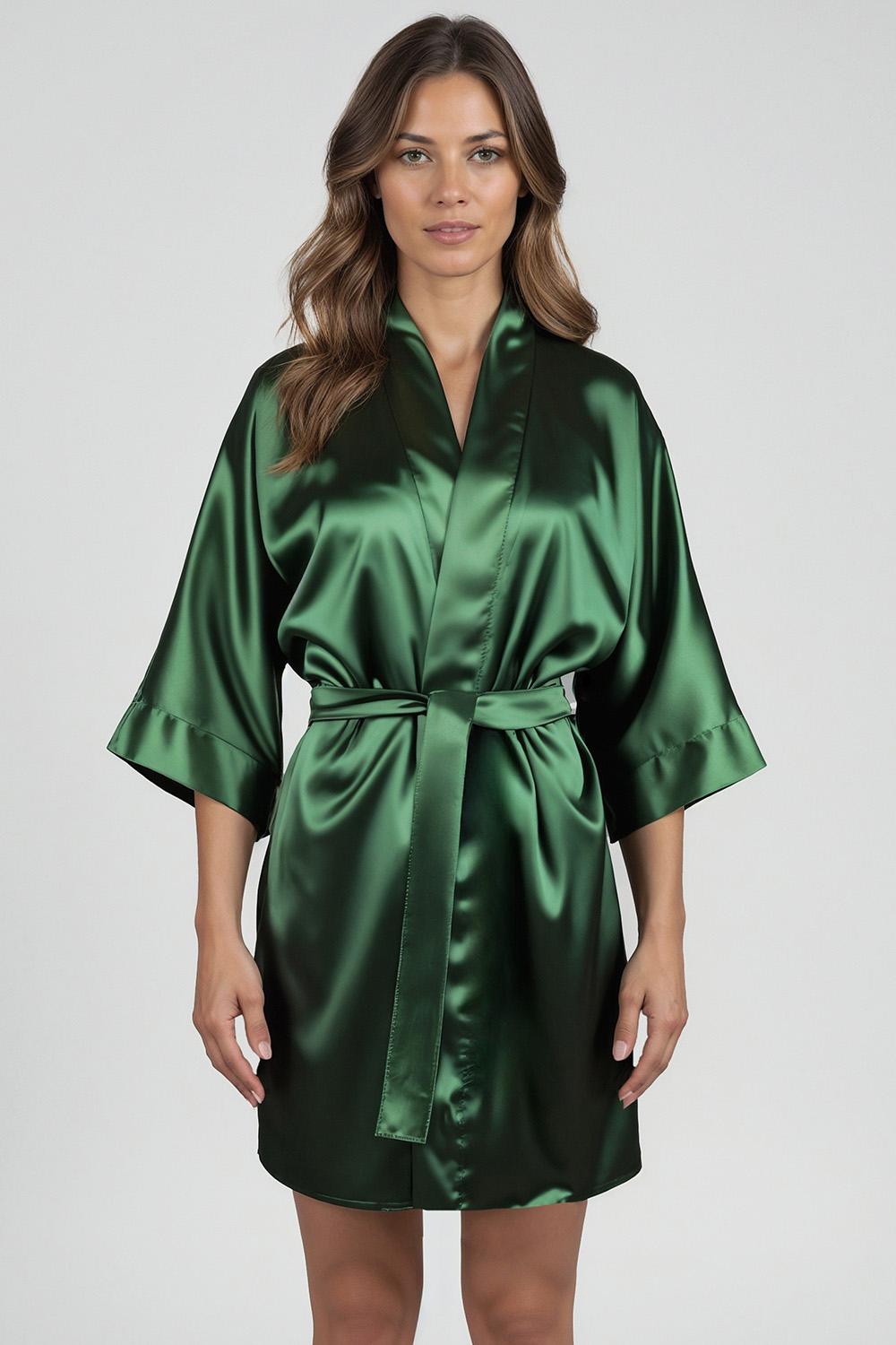 Vivisence Women's Satin Robe with 3/4 Sleeves Tie Waist Short Kimono Style Elegant Polyester Nightwear, Green