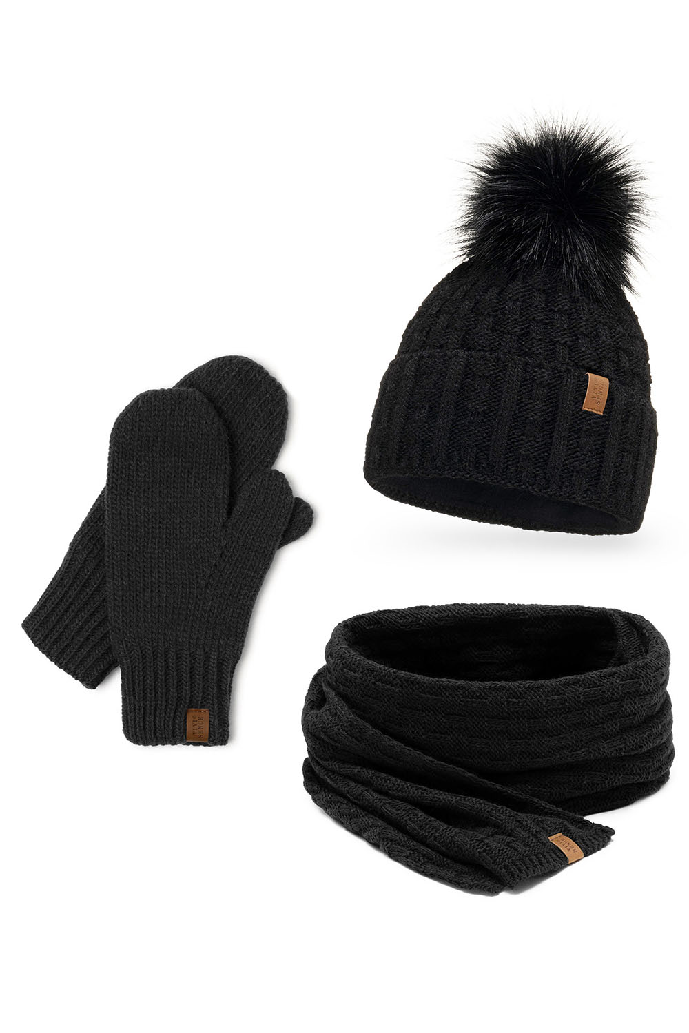 Vivisence Damen Winter Set Mütze Schal Fäustlinge Fleecefutter Gegen Kälte, schwarz