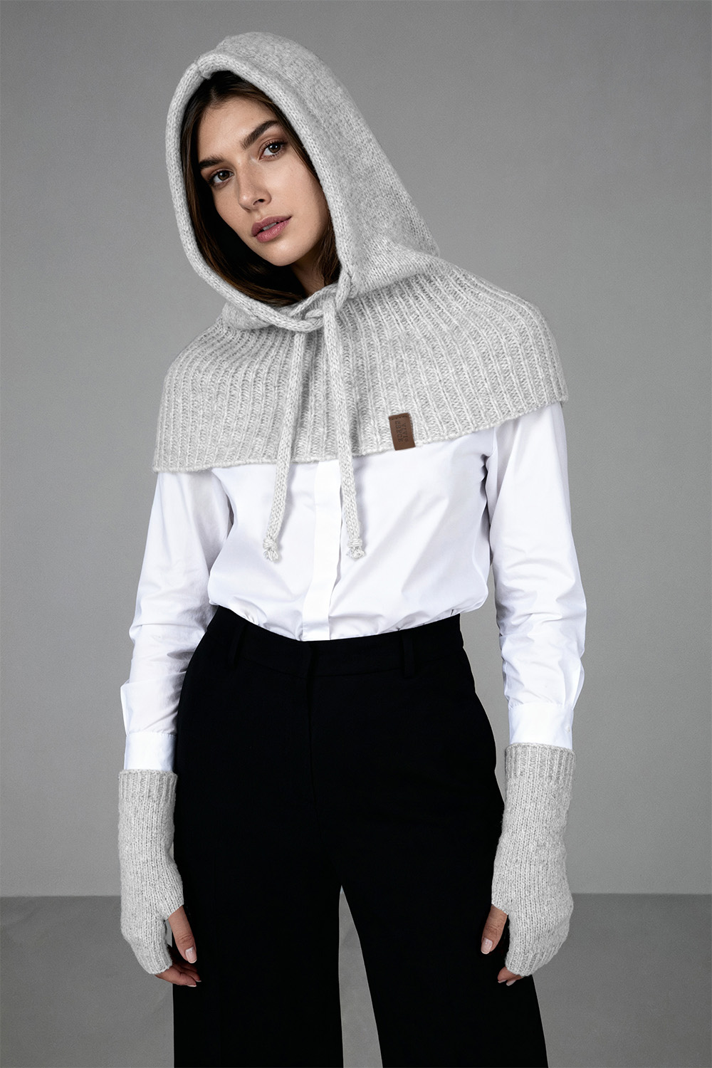 Vivisence Women Winter Hood And Gloves Set Merino Wool Knit Warm And Cozy, Grey