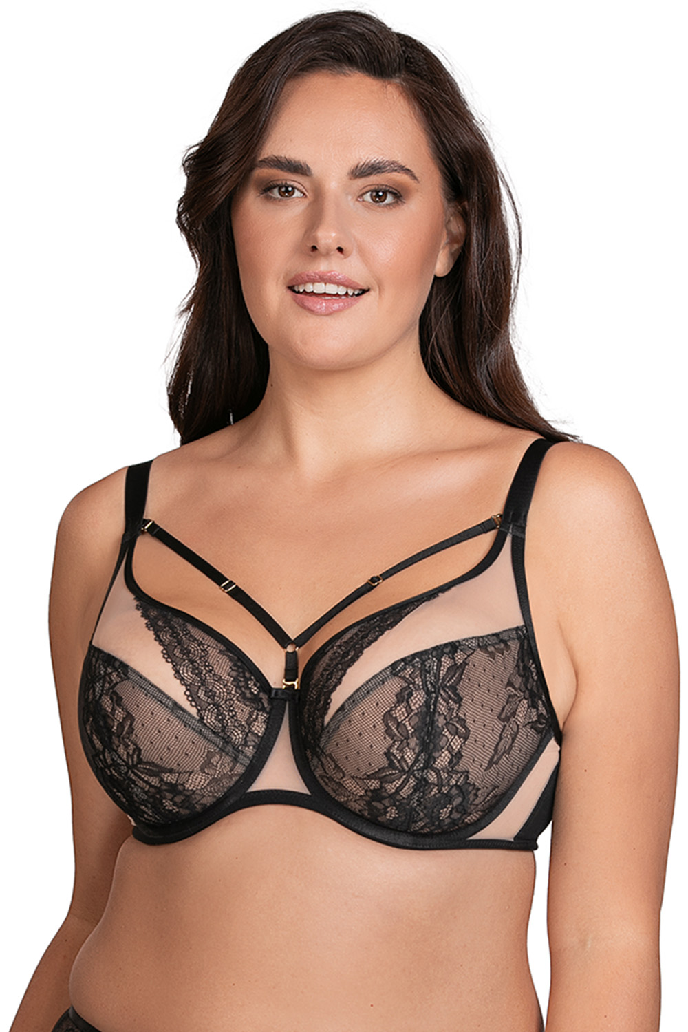 Vivisence Damen Bügel-BH Softcup Spitze Mit Dekobändern Verstellbare Träger Schleife Netz Cups Transparent Roségold Details Lingerie Vollschale Unterwäsche, schwarz