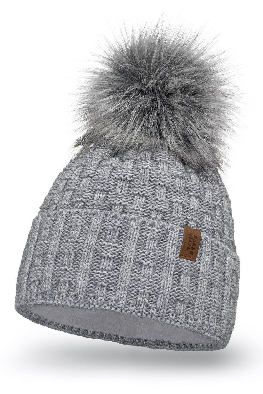 Vivisence Bonnet Femme Avec Pompon Doublé En Polaire Tricoté Pour L’Hiver 7015, gris clair