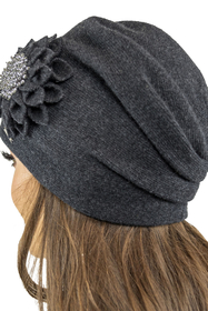 Vivisence Damen Mütze Wolle Blumenapplikation Falten Antistatisch Elegant 7052, dunkelgrau