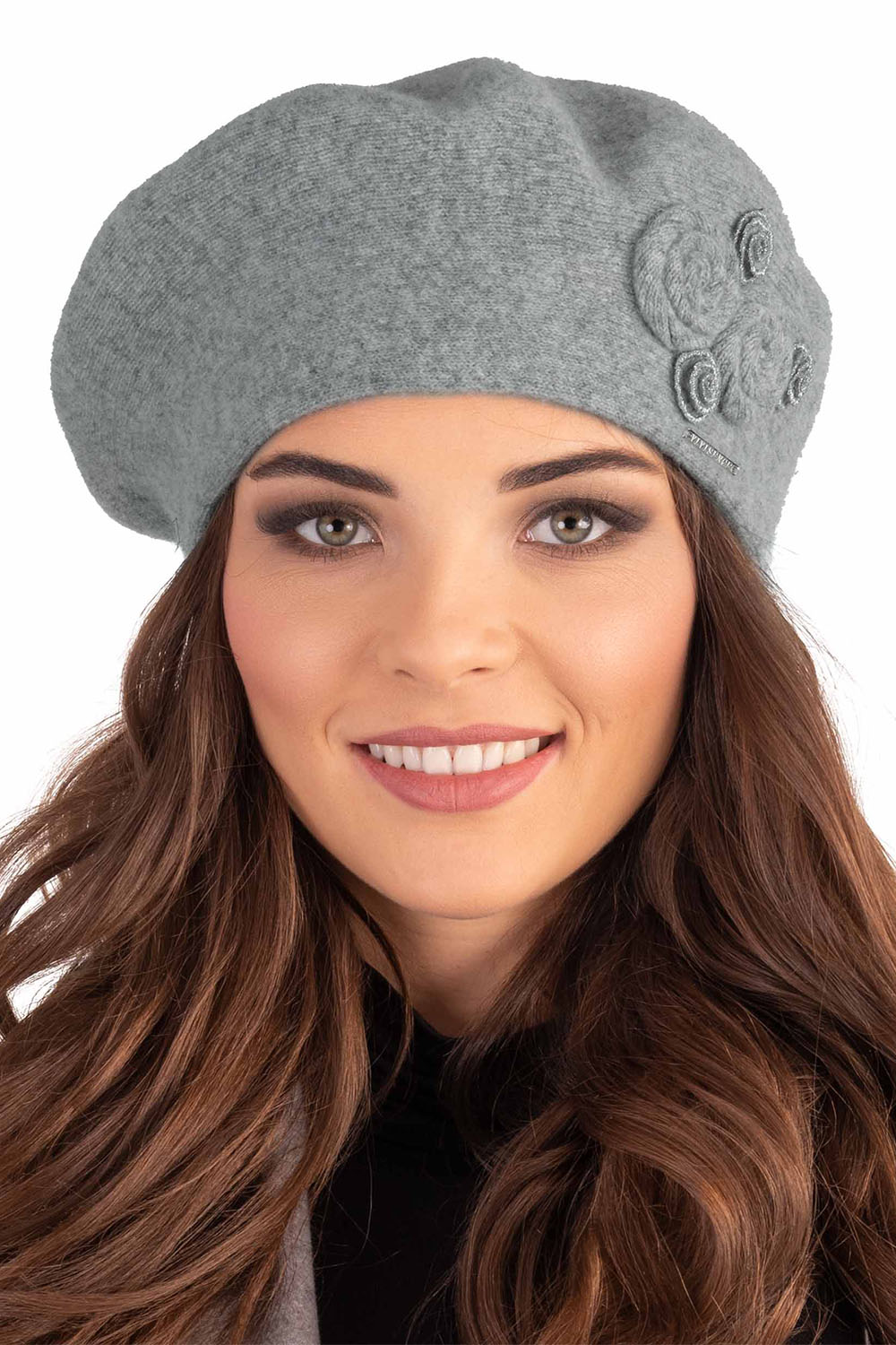 Vivisence Damen Baskenmütze Schal Set Wolle Applikation Lang Warm 7037kmpl, hellgrau