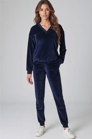 Vivisence Pantalon Femme Décontracté Coupe Ample Taille Élastique Poches Latérales Chevilles Resserrées Tenue Confort Détente Maison Loisirs Lounge Jogging, bleu foncé