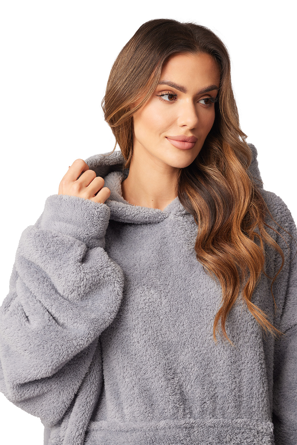 Vivisence Damen Deckenpullover Kapuze Langarm Warm Flauschig One Size 5028, grau