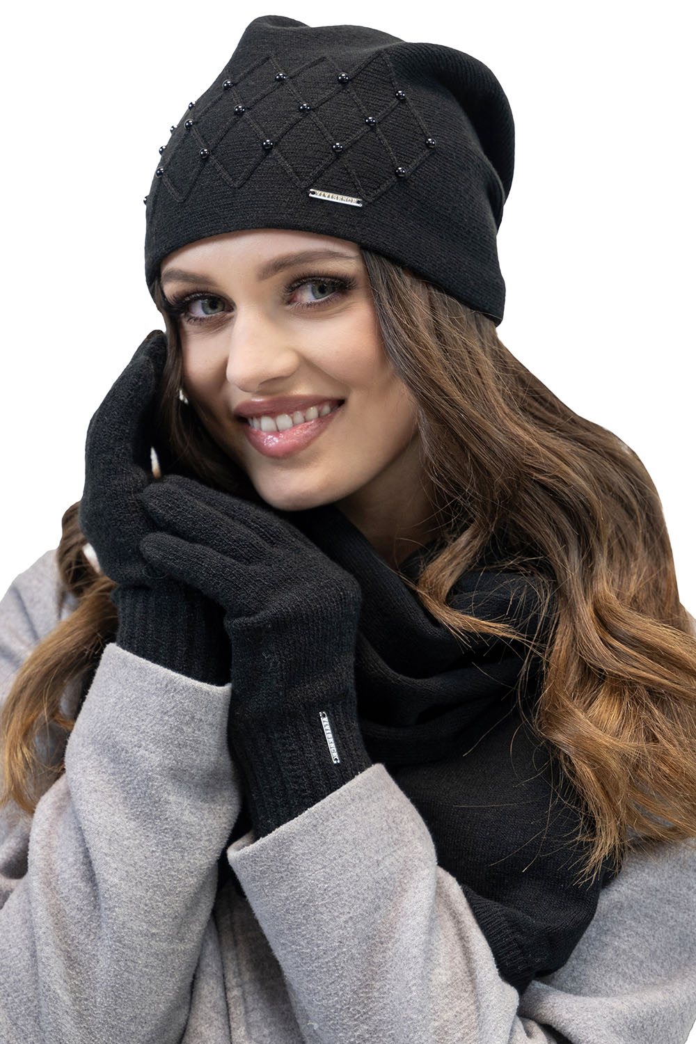 Vivisence Knitted Hat For Women Warm Winter With Pearls Wool Fleece Pleats 7002, black