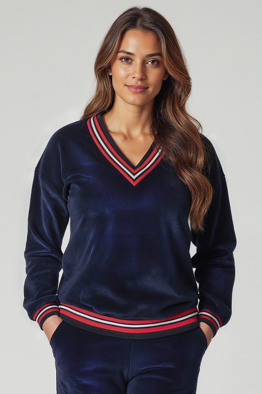 Vivisence Femme Sweat-Shirt Coton Encolure en V Perfeit Confort Quotidien 9001, bleu marine