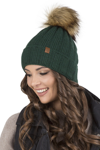 Vivisence Women's Pom Pom Hat Fleece Lined Faux Fur Pom Knitted 7019, green