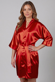 Vivisence Women's Satin Robe with 3/4 Sleeves Tie Waist Short Kimono Style Elegant Polyester Nightwear, 
